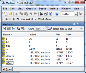 Figure 5.34 Values of variables after reading in audio files in MATLAB