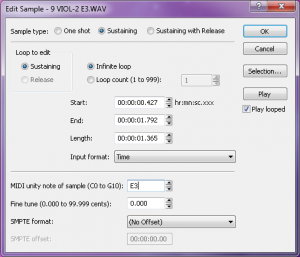 Figure 6.39 Adding sample metadata such as root pitch and loop type