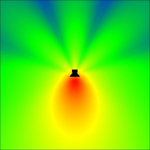 Figure 2.3 Loudspeaker viewed from top with sound waves radiating at multiple angles